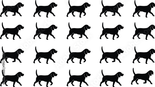 Black Beagle Dog Walking Animation Sprite Sheet Silhouette Collection with Sequential Gait Frames for Motion Graphics 2D Game Development and Animal Pet Vector Design