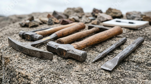 Geological rock hammers and cold chisels on rough granite surface