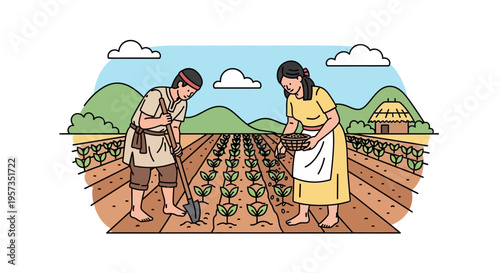 Man and woman planting garden together.
