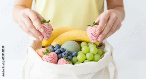 Person holding a basket of fruit.