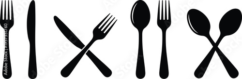 Black cutlery silhouettes set featuring flatware icons of forks knives and spoons in crossed and vertical arrangements isolated on white background for restaurant menu.