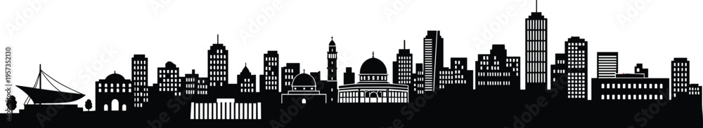 Obraz premium Black silhouette of a modern city skyline featuring historic domes and high-rise office buildings isolated on a white background for urban travel design