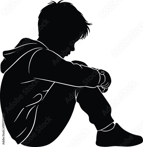 Black silhouette of a lonely little boy sitting on the floor with head down, concept of childhood depression, sadness, bullying, or social isolation