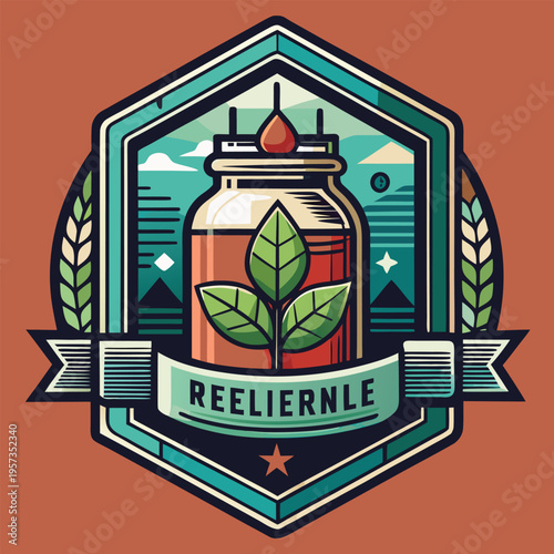 An eye-catching badge design showcases a jar filled with an intriguing liquid and a sprig of leaves.