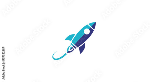 Blue and Teal Rocket Ship Launching Upwards with Swirling Exhaust Trail