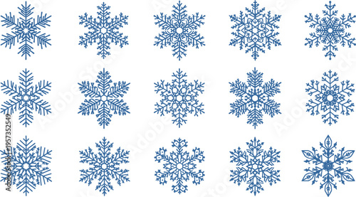 Blue Snowflake Vector Set with Fifteen Unique Winter Crystal Icons Isolated on White Background for Holiday Season Design Christmas Decorations and Cold Weather Graphics