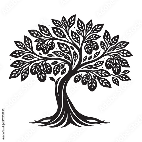 Stylized olive tree illustration with leaves and olives silhouette design