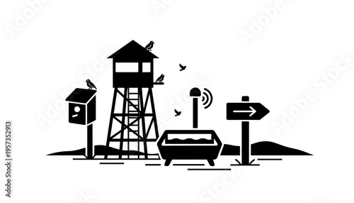Watchtower silhouette illustration with birdhouse and signpost on white background