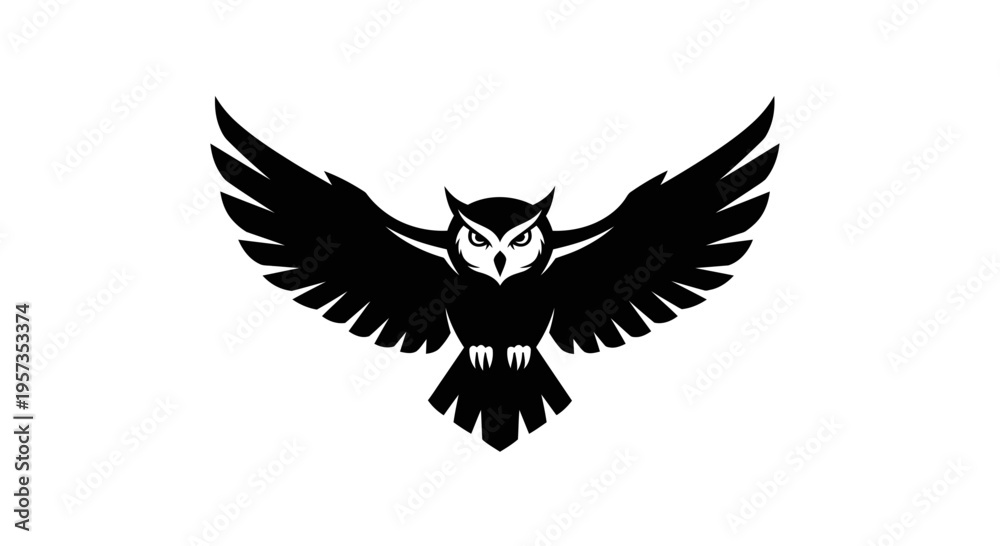 Fototapeta premium Black silhouette of an owl in flight with wings spread wide, isolated on white background