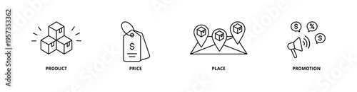 Marketing Mix icon set with product, price, place, and promotion