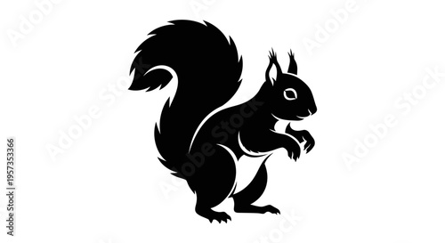 Black Silhouette of a Squirrel with a Fluffy Tail on a White Background