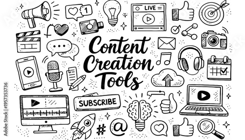 Content creation tools icon set for social media and marketing