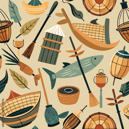 Whimsical illustrations of fishing life and traditional elements creating a harmonious seamless pattern, depicting a theme of rustic culture and heritage.