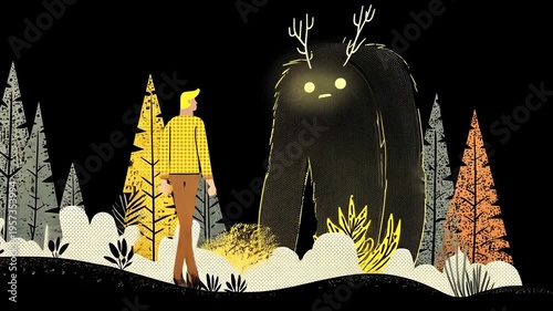 Animated Forest Monster Illustration: Mystical Creature in Surreal Night Scene with Whimsical Characters and Bright Eyes in Spooky Atmosphere
