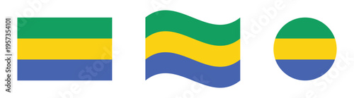 Gabon National  flag vector collection with flat, waving and circular icons isolated on white background.