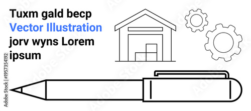 Business concepts, logistics, writing tools, warehouse management, industrial processes, supply chain. Outline of a pen, warehouse and gears with placeholder text. Business and logistics concepts