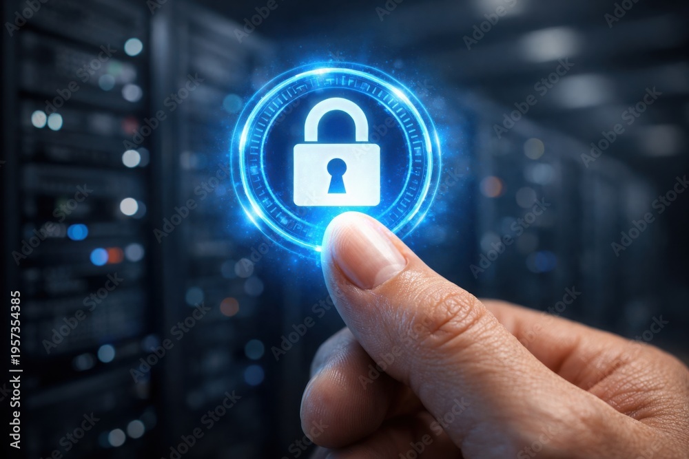 Fototapeta premium Hand holding glowing blue digital padlock icon, symbolizing data security and privacy in a server room