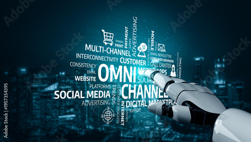 Tableau sur toile This image showcases a robotic hand interacting with digital marketing elements, illustrating the concept of omnichannel strategies in a modern urban environment