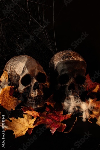 Two skulls adorned with feathers and surrounded by autumn leaves on a dark background death