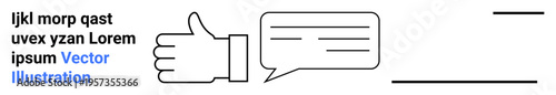 Feedback, communication, social media, approval, messaging, content interaction. Hand showing thumbs up and speech bubbles. Communication and social media concepts