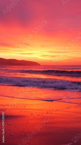 Vibrant sunset over serene beach with gentle waves and footprints in the sand, tranquil atmosphere