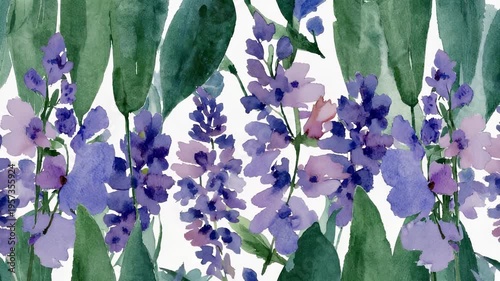 Watercolor painting of vibrant purple iris flowers, delicate petals, botanical illustration, floral artwork, springtime blossom, close-up view.