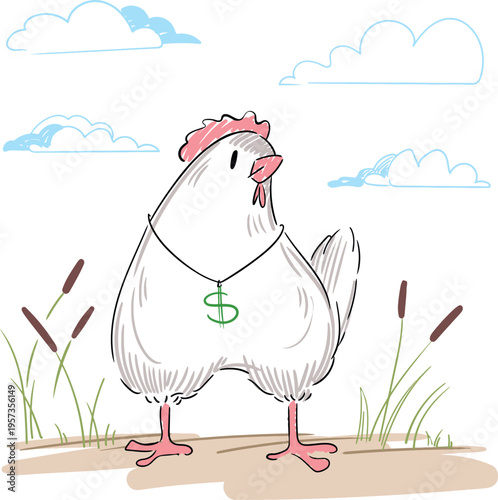 A chicken with a necklace in the shape of a dollar sign. The money chicken. Cartoon chicken standing outdoors surrounded by clouds and reeds on a white background; farm animal.