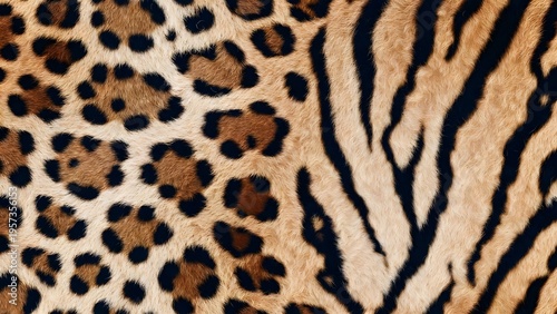 Hybrid leopard and tiger fur pattern. Wild animal skin texture for textile design. Close up of feline pelt showing both spots and stripes for exotic fashion background