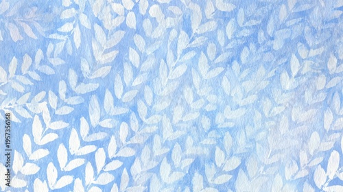 Watercolor blue sky with white delicate floral leaf pattern background abstract artistic