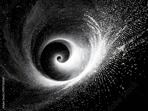 White Particle Spiral Vortex on Black Background abstract tunnel