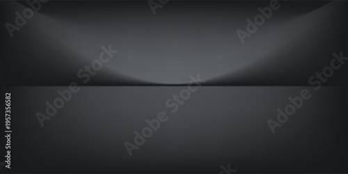 Black studio room. Limbo dark grey spotlight background. Abstract 3d backdrop for product presentation. Minimal wall scene. Showcase, promotion display. Vector stage mockup illustration