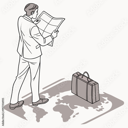 Businessman studying a map with a briefcase suit travel