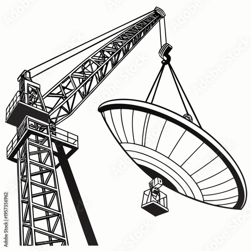 Crane lifting satellite dish construction black and white