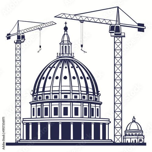 Construction cranes and a domed building architecture