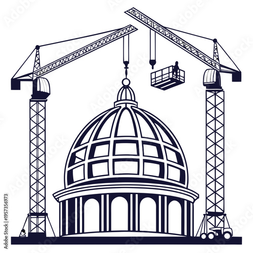 Construction cranes and a domed building with a basket