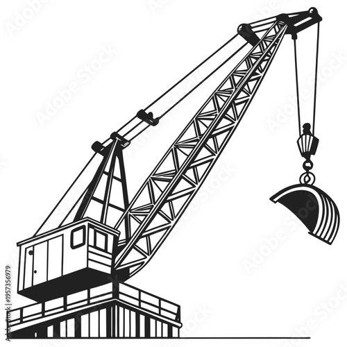 Black and white construction crane with a bucket building