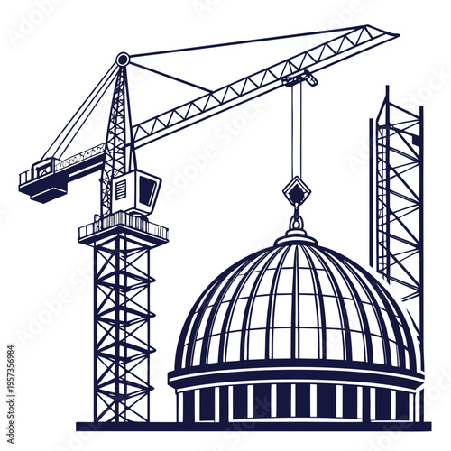 Construction cranes lifting a domed roof architecture