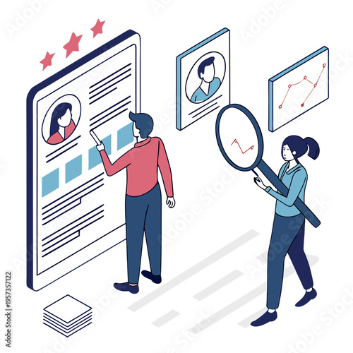 Man and woman reviewing resumes with a magnifying glass