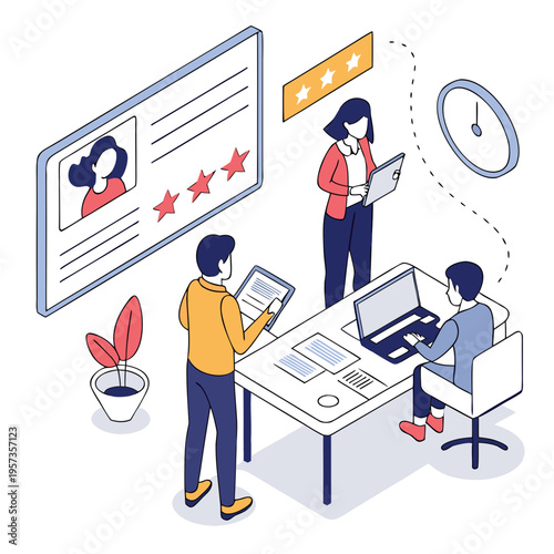 Team working on project with laptop and documents