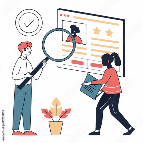 People reviewing resumes with magnifying glasses business