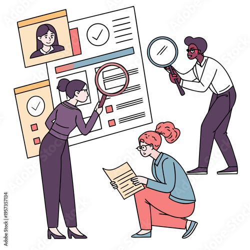 Team examining resumes and documents closely magnifying glasses