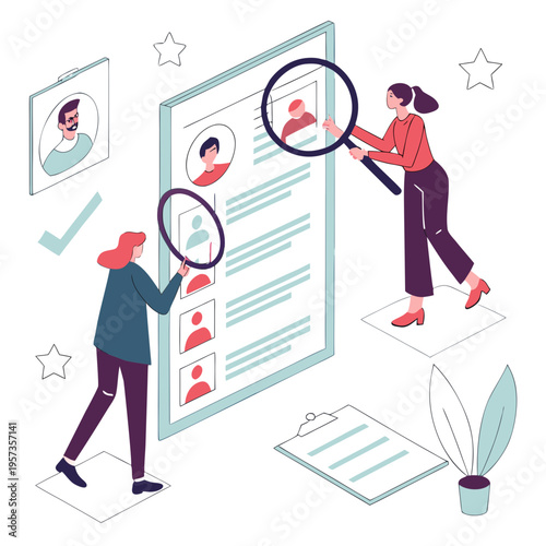 Two people examining a large resume with magnifying glasses