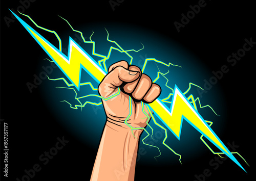 zeus hand raised fist holding yellow lightning energy bolt rod illustration vector isolated on black background
