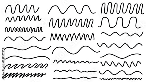 Set wavy lines doodle sketch style. Hand drawn ink waves, curves, curves, dynamic lines, dividers and underlines. Vector elements