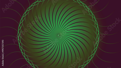 A hypnotic digital art composition featuring a rotating green spiral against a deep dark background