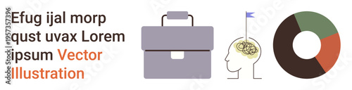 Business strategy, innovation, brainstorming, data analysis, teamwork, and productivity. Briefcase, brain with flag pie chart. Business strategy and innovation conceptual design