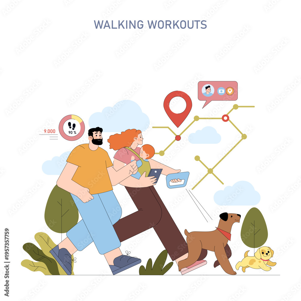 Obraz premium Family Walking Workout with Digital Fitness Tracking