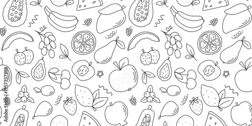 Seamless pattern Fruits and berries doodle sketch style. Rustic hand drawn collection of organic food on white background. Ink loose drawing fruity print, vector graphic