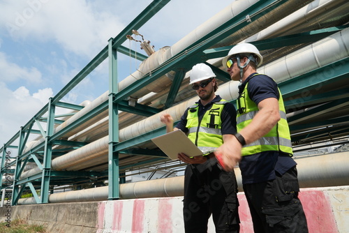 A team of male staff, including male inspectors and foremen in uniforms and helmets, along with engineers reviewing blueprints and planning, were inspecting maintenance work at an oil and petrochemica