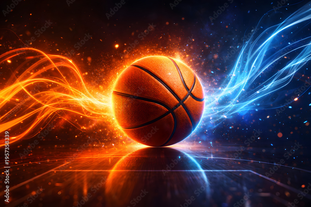 Obraz premium Dynamic Basketball Illuminated by Energetic Orange and Blue Light Trails, Symbolizing Intense Competition, Passion, and the Electrifying Spirit of the Game